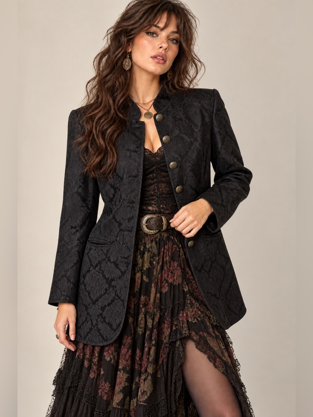 Vintage Black Floral Jacquard Brocade Longline Blazer Gothic Whimsigoth Jacket L